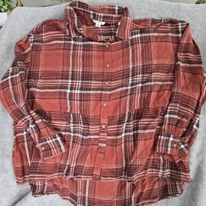 Womens American Eagle Outfitters Orange and Black Plaid Shirt Peplum Hem Size M